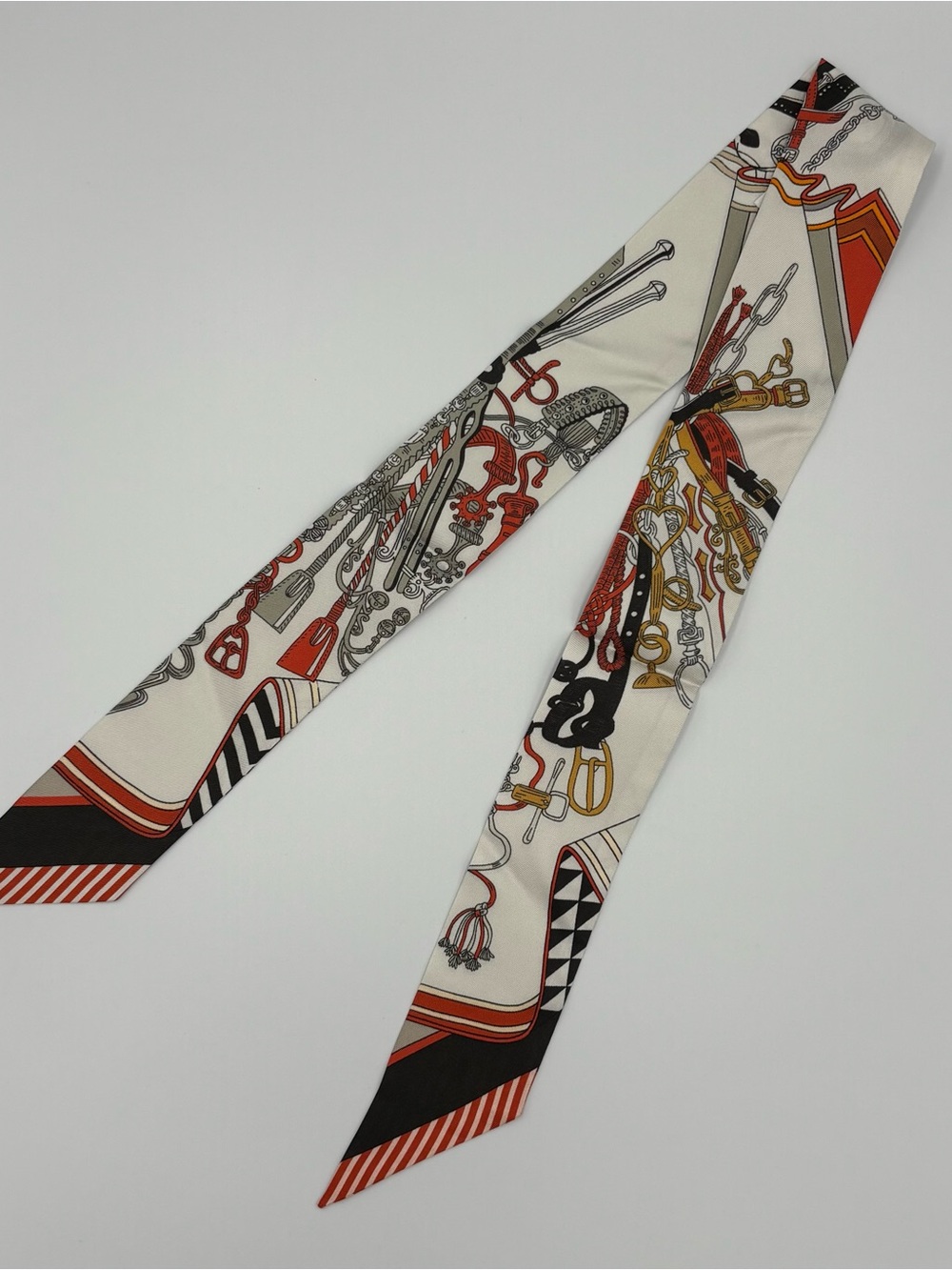 Hermes Bouquets Selliers Twilly Silk Scarf White Black Caramel Equestrian Print - Picture 2 of 5